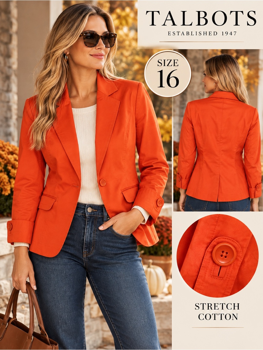 Talbots Women's Orange Stretch Cotton Blazer - Size 16